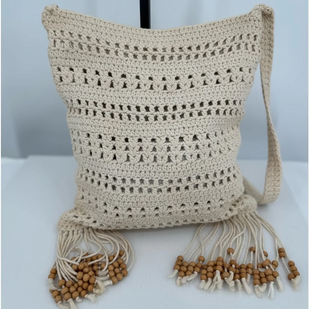 Unbranded Crocheted Crossbody with‎ Fringe and Wood Beads, Cream